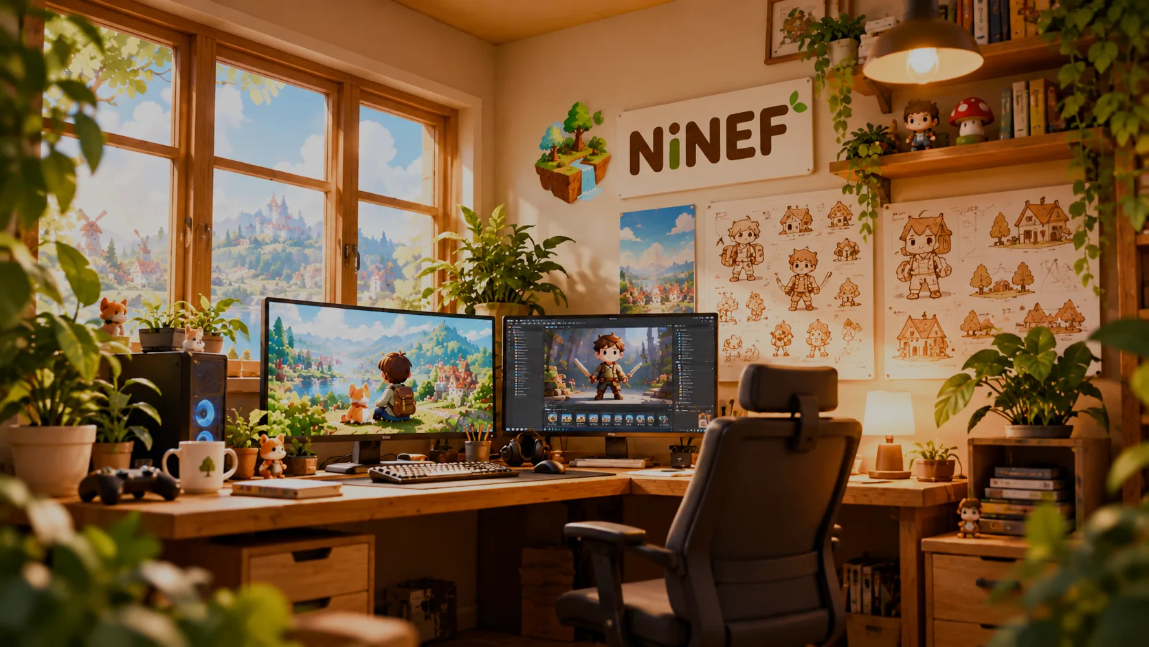 NINEF stüdyosu: iki monitör, karakter çizimleri ve pencereden görünen bir kale.